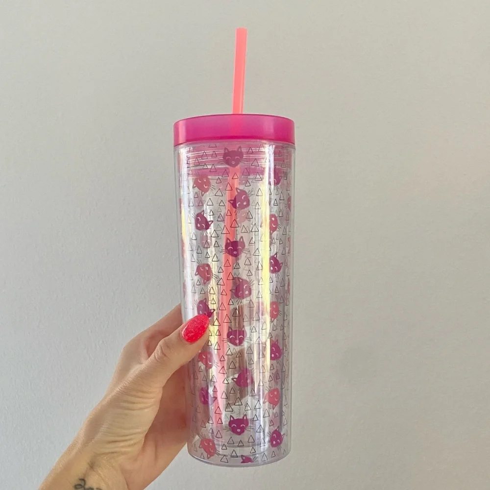 Target cat print tumbler drinking water cup with straw kitty graphic pink clear
